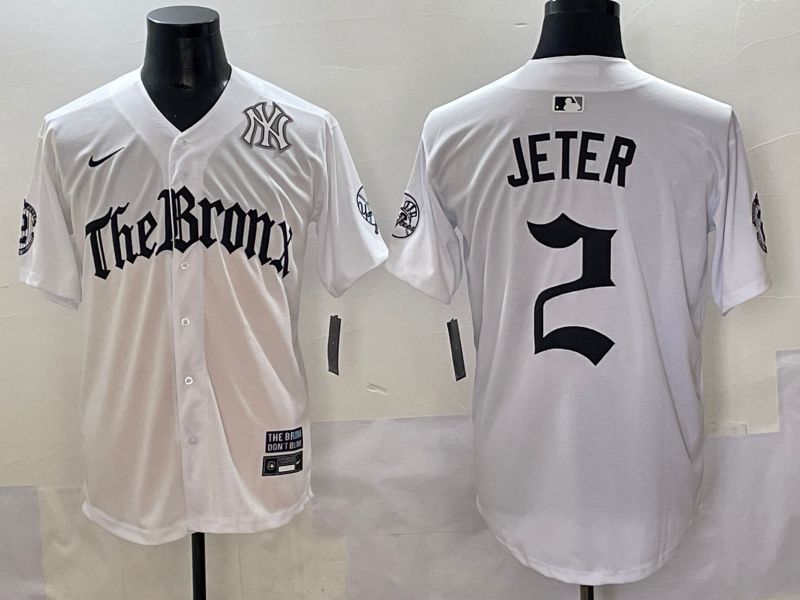 Men 2025 New York Yankees #2 Jeter White Five generations Joint Name Nike MLB Jersey style 7